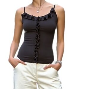 Robin Kay Vintage Ruffle Trim Camisole in Black Size Small